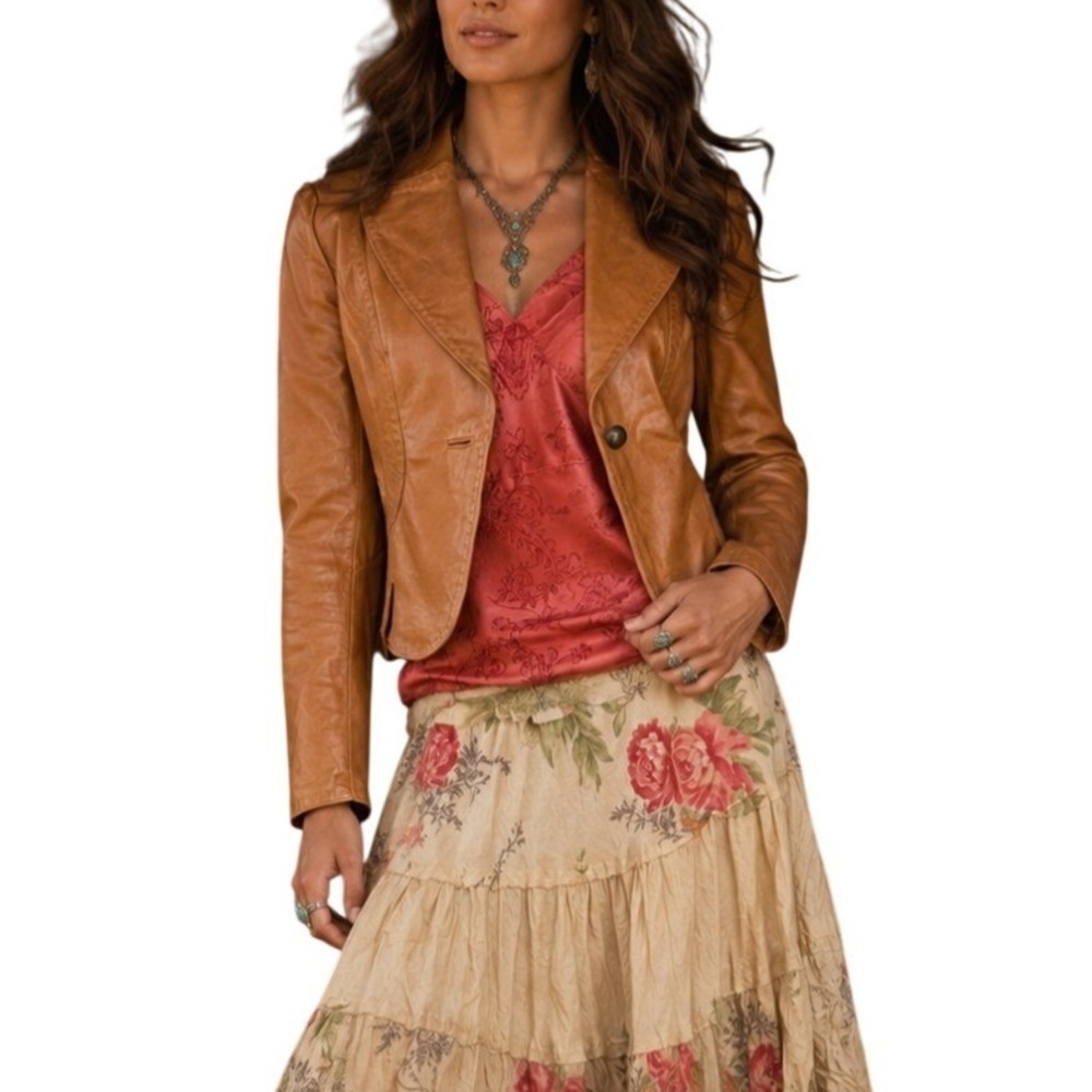Moda International Vintage 90s Whimsy Chic Fitted Tan Leather Peplum Jacket
